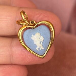 Vintage Wedgwood Blue Jasperware Heart Pendant Gold Tone – Cherub Cupid Cameo